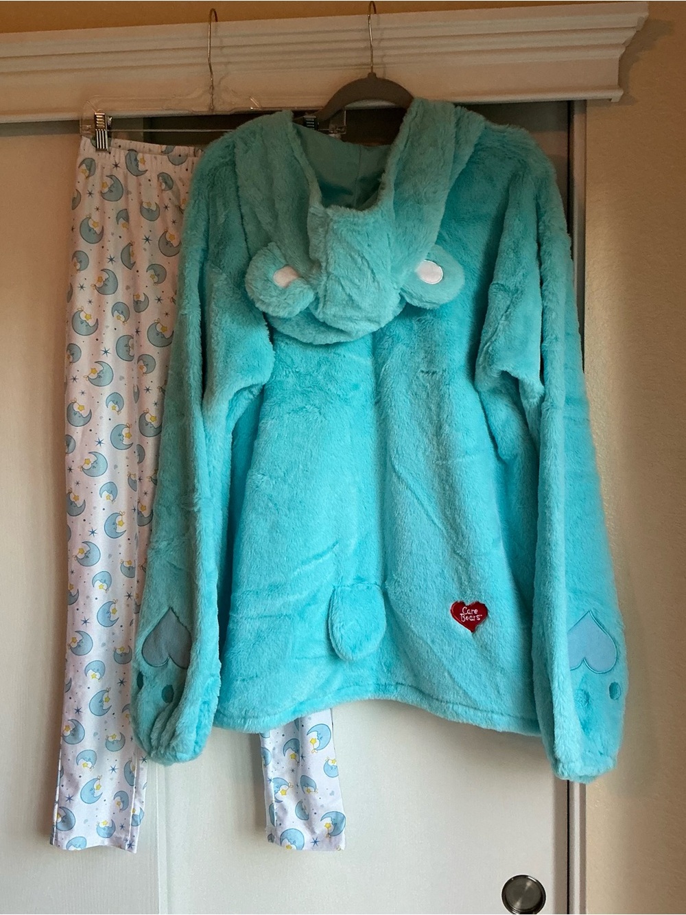 Care Bear Costume. Aqua Plush Hooded Top with Moon Patch - Picture 2 of 4